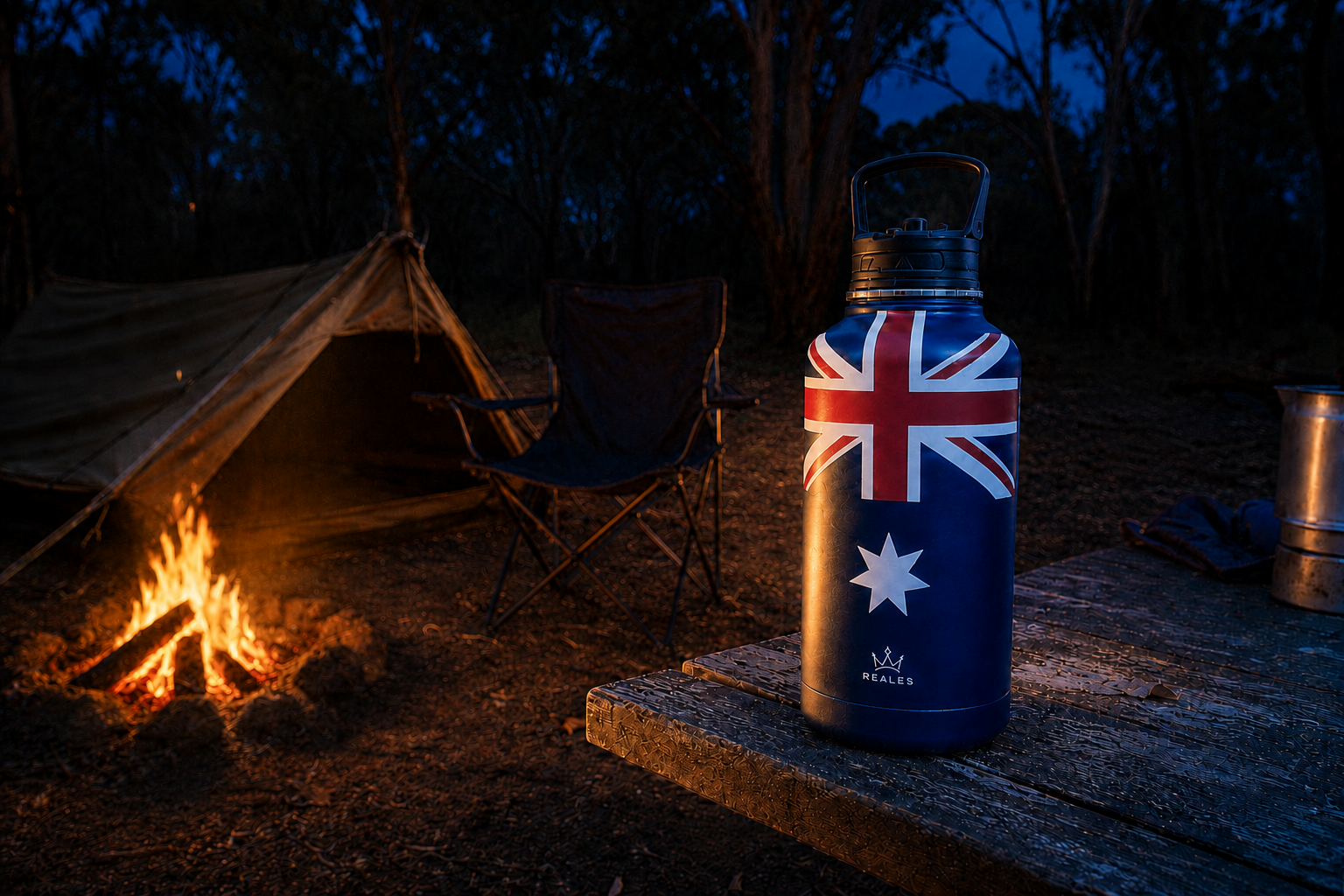 REALES bottle by a campfire