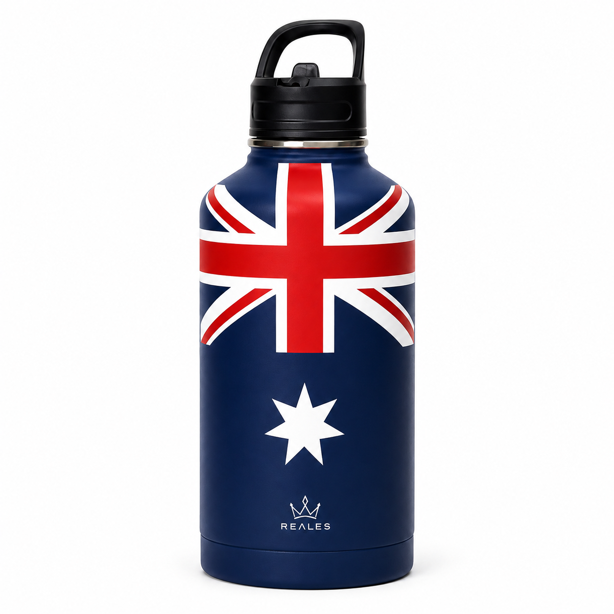 Front view of the REALES Australian Flag 64 oz bottle