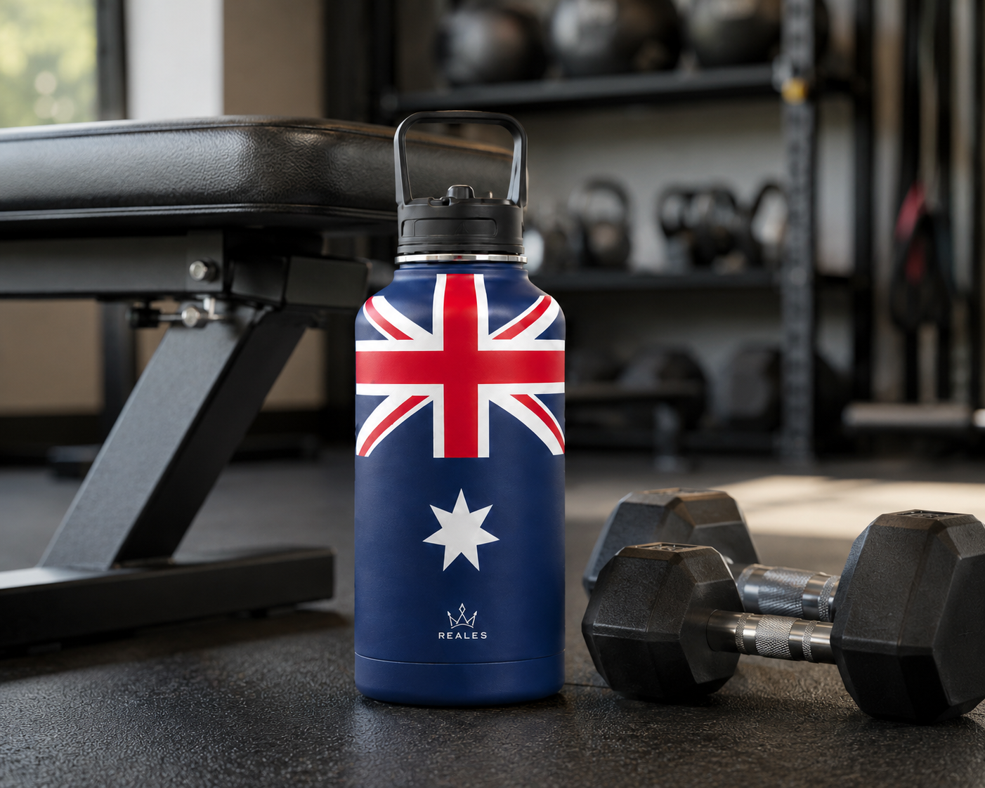 REALES bottle in a modern gym